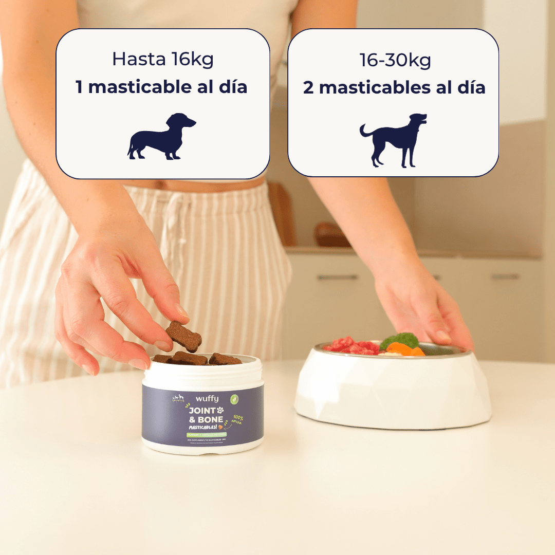 Dosis recomendadas e instrucciones para Wuffy Joint & Bone según el peso del perro.